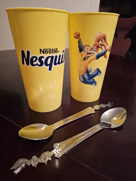 Vintage Nestlé Nesquik Collectible Tumbler Cups & Bunny Spoons Set NEW